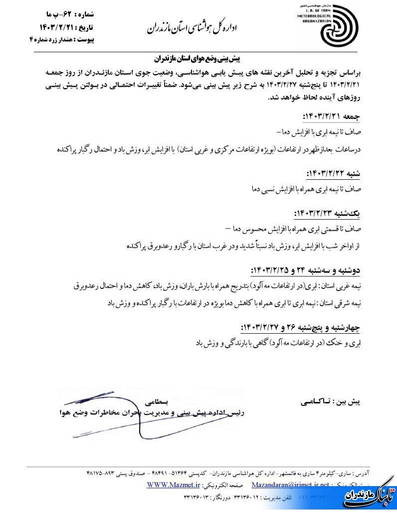 وضعیت جوی و متوسط دمای مازندران تا پایان هفته+ جدول و تصاویر